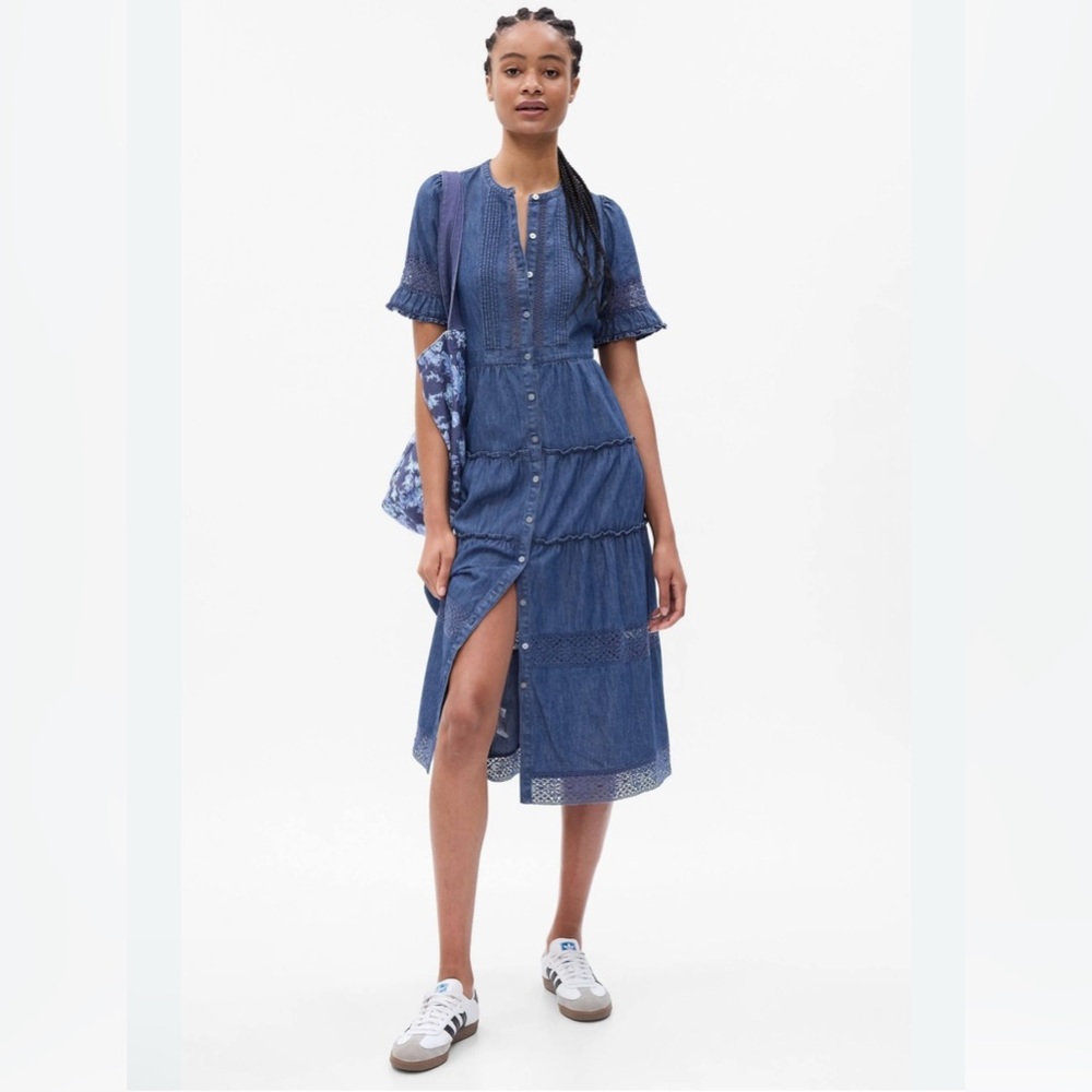 LoveShackFancy x Gap Tiered Midi Dress Size L EUC Boho Cottagecore Preppy Denim
